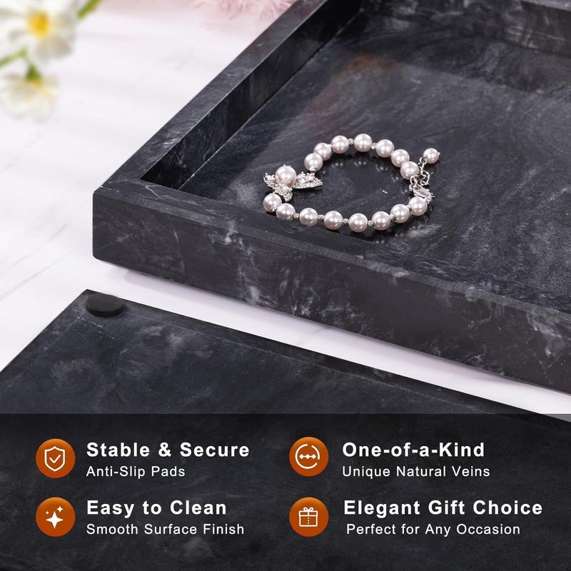 Homaura Marble Bathroom Tray for Countertop & Home Decor, Natural Decorative Marble Tray for Jewelry & Perfume Organizer, Luxury Stone Vanity Trays for Dresser, Kitchen Counter, 12" x 8", Gray Black - Image 2
